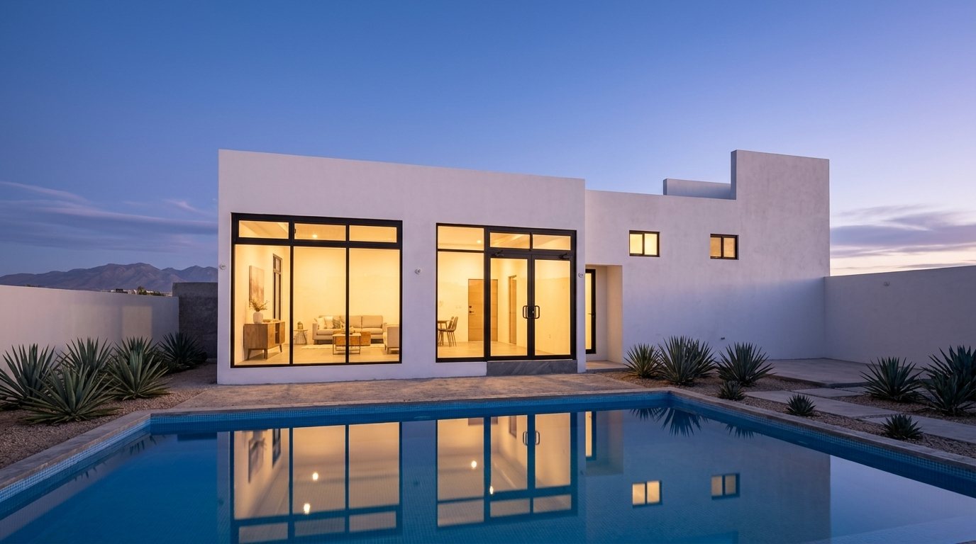Vivienda residencial construida por Grupo ROGO al atardecer